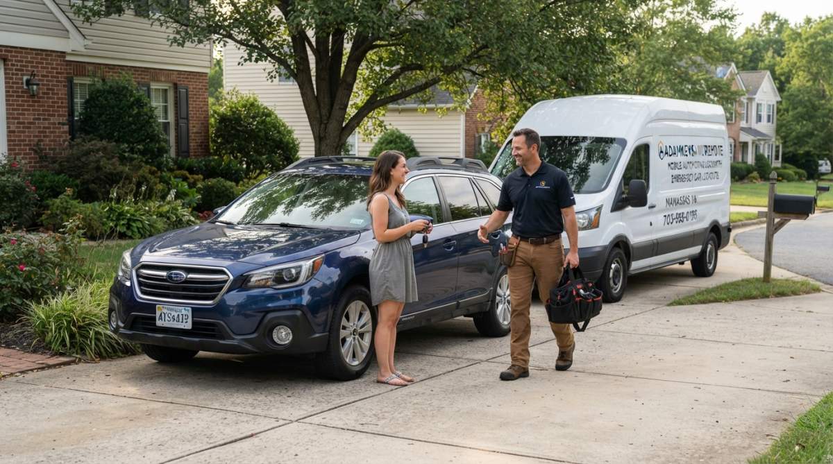A professional locksmith in a branded van arriving at a residential driveway in Northern Virginia, with a customer standing beside a locked car looking relieved