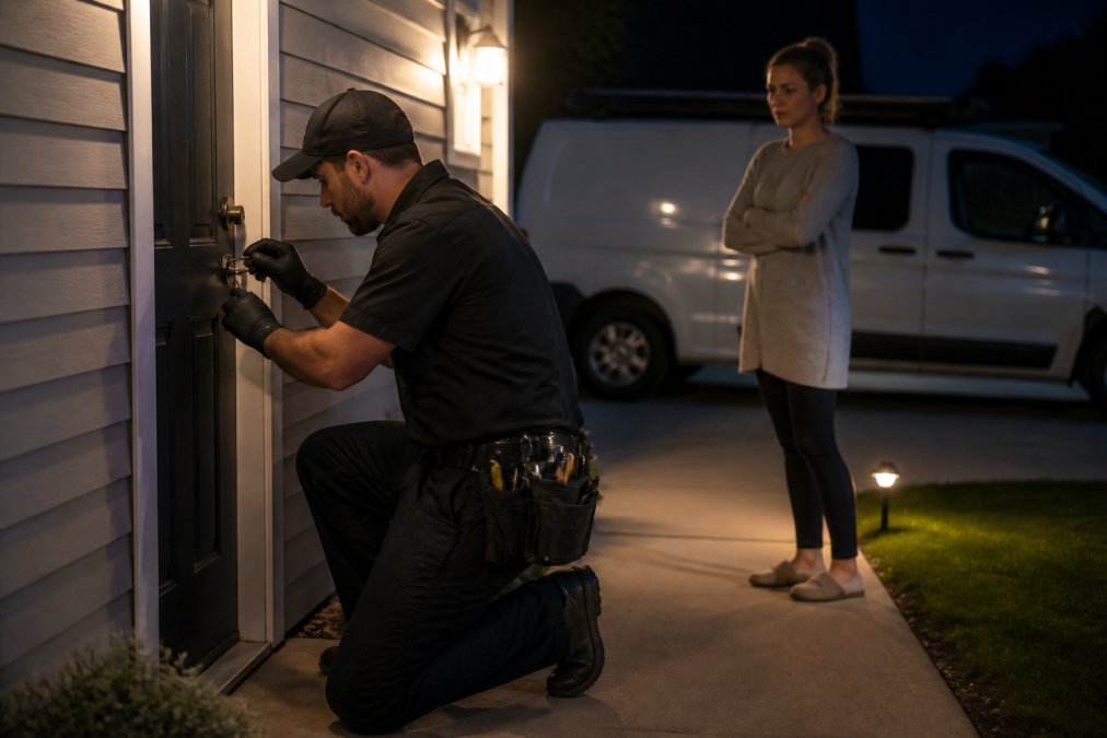 Professional locksmith in uniform at a residential front door at night, using specialized tools to open the lock while the homeowner watches from a safe distance, with a marked service vehicle visible in the background