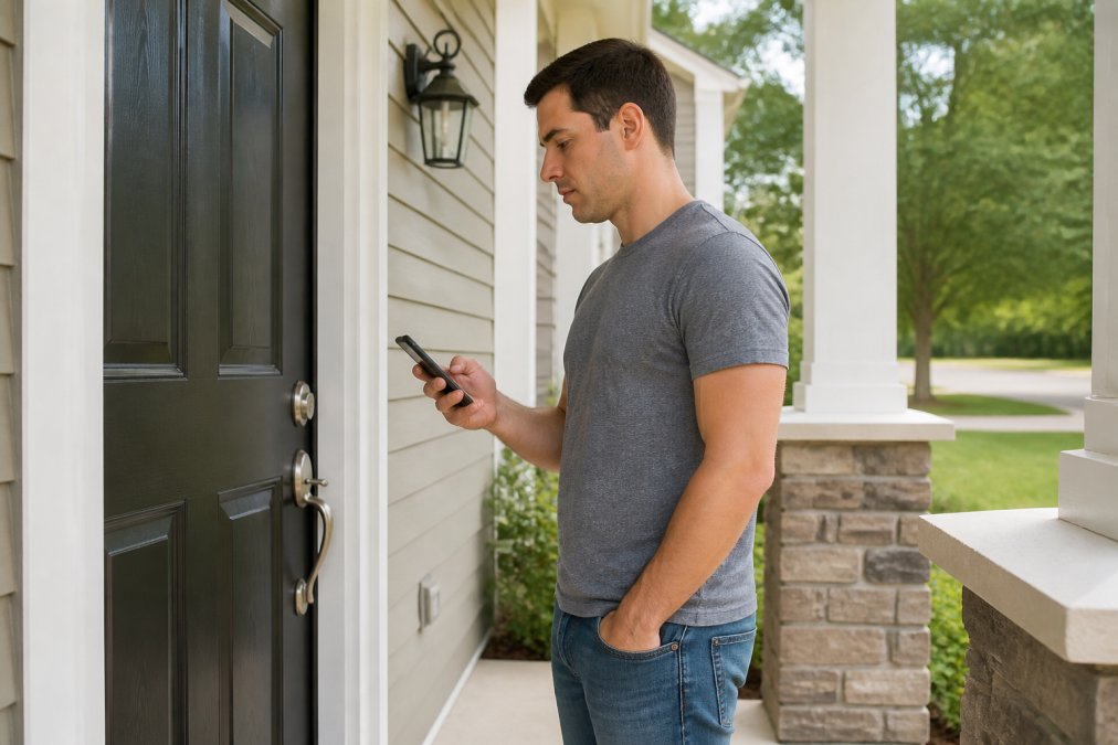 Person standing on a porch checking their smartphone while locked out of house during the daytime