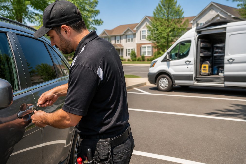 A professional locksmith in a branded uniform using a specialized slim-jim tool to unlock a car door in a sunlit suburban parking lot, with a service van visible in the background