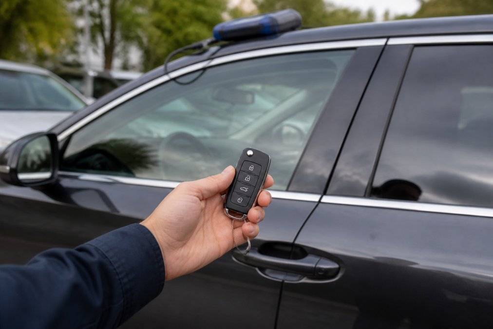 Close-up of a technician's hand holding a modern black smart key fob next to a car door handle, with a handheld OBD diagnostic device visible on the car roof in the background