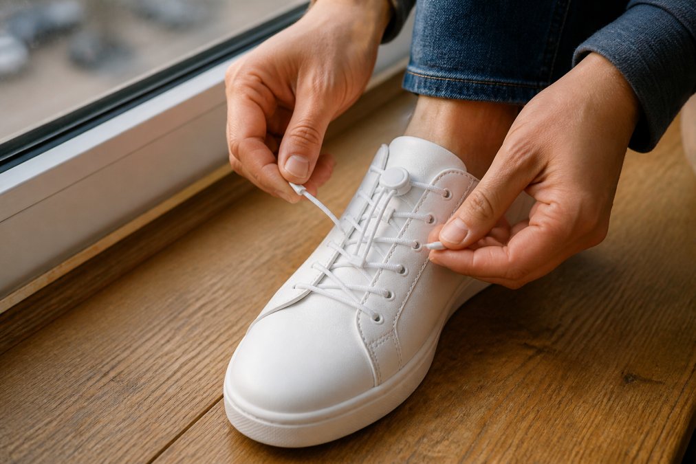 Person's hands demonstrating the installation of elastic no-tie laces on a casual white sneaker, showing the threading and tension-adjustment steps with natural window lighting