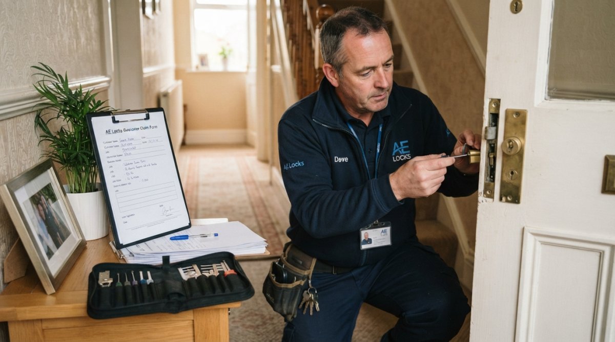 A locksmith in work uniform examining a door lock with a clipboard and paperwork nearby, showing a professional inspection in a residential hallway