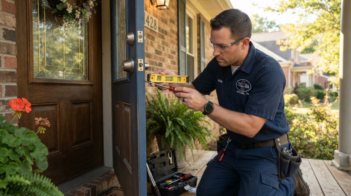 A professional technician in a navy uniform installing a new deadbolt lock on a residential front door, holding a screwdriver and level, with natural afternoon light