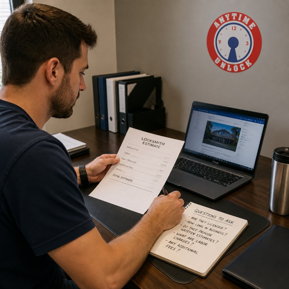 Person sitting at desk reviewing locksmith estimate on paper, laptop open showing business verification, notepad with questions written down, natural office lighting