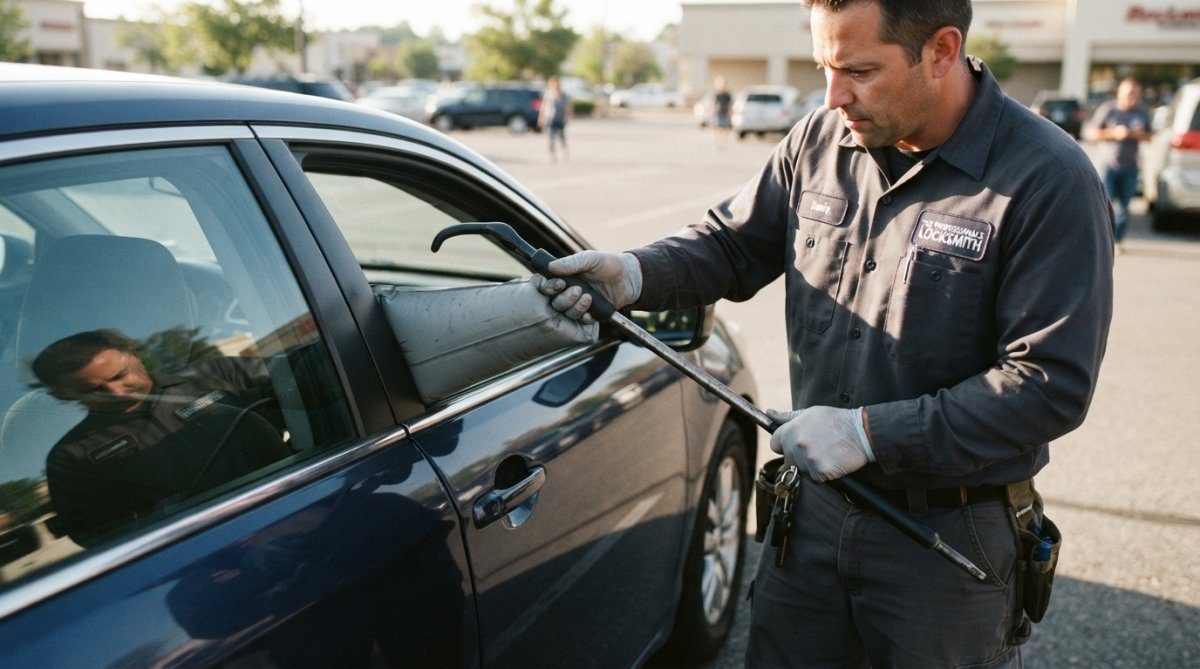 Close-up of a professional automotive locksmith's hands holding a long reach tool and air pump wedge beside a car door frame in a parking lot, afternoon sunlight, technician wearing branded uniform