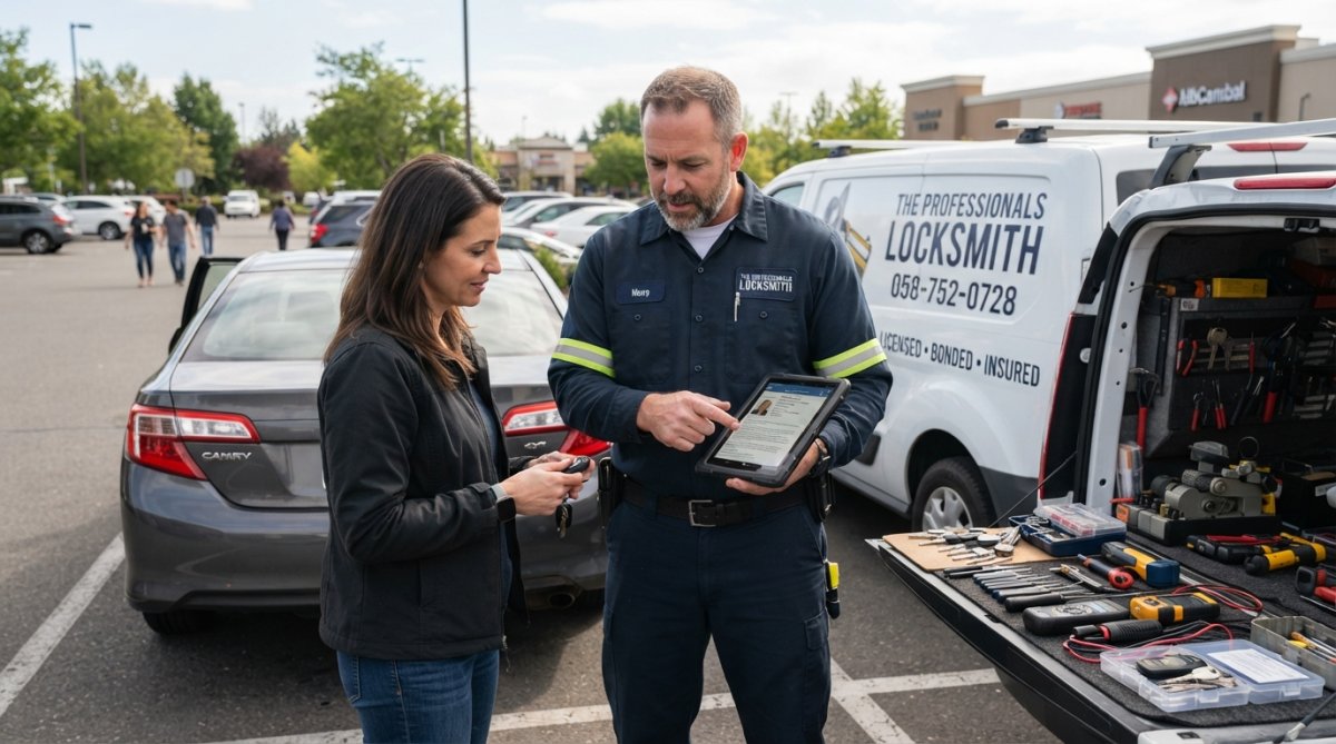 A uniformed locksmith technician showing credentials on a tablet to a car owner standing beside a vehicle in a well-lit parking lot during daytime, both looking at the screen