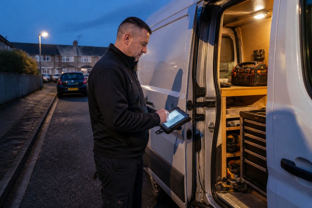 A mobile auto locksmith in work clothes using a diagnostic tablet connected to a van door, parked on a residential street at dusk, with the van's interior light on and tools visible in the open side door