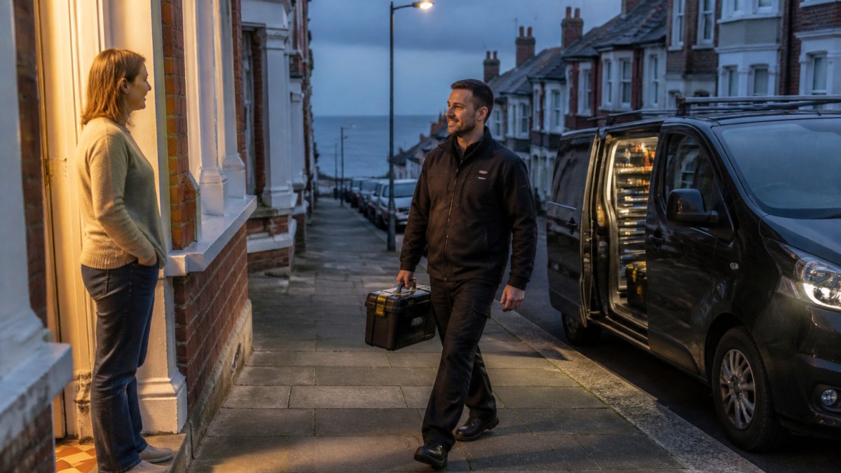 A locksmith in a branded van arriving at a residential street in Cromer at dusk, toolbox in hand, homeowner waiting by the front door