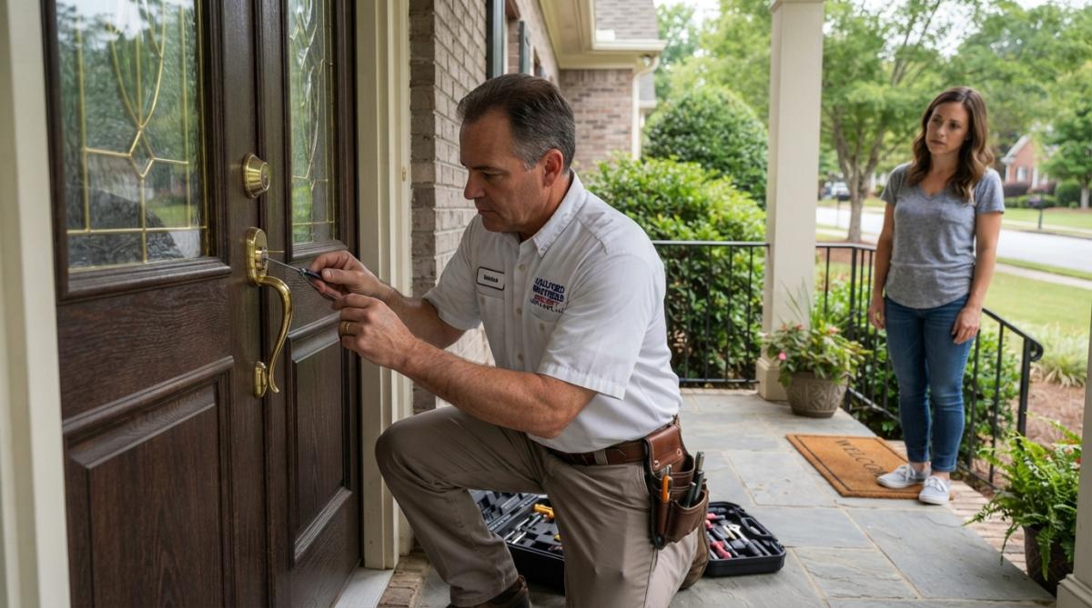 A professional locksmith in work clothes kneeling at a residential front door, using a pick tool on the lock cylinder while a homeowner watches from a few feet away on a suburban porch in daylight