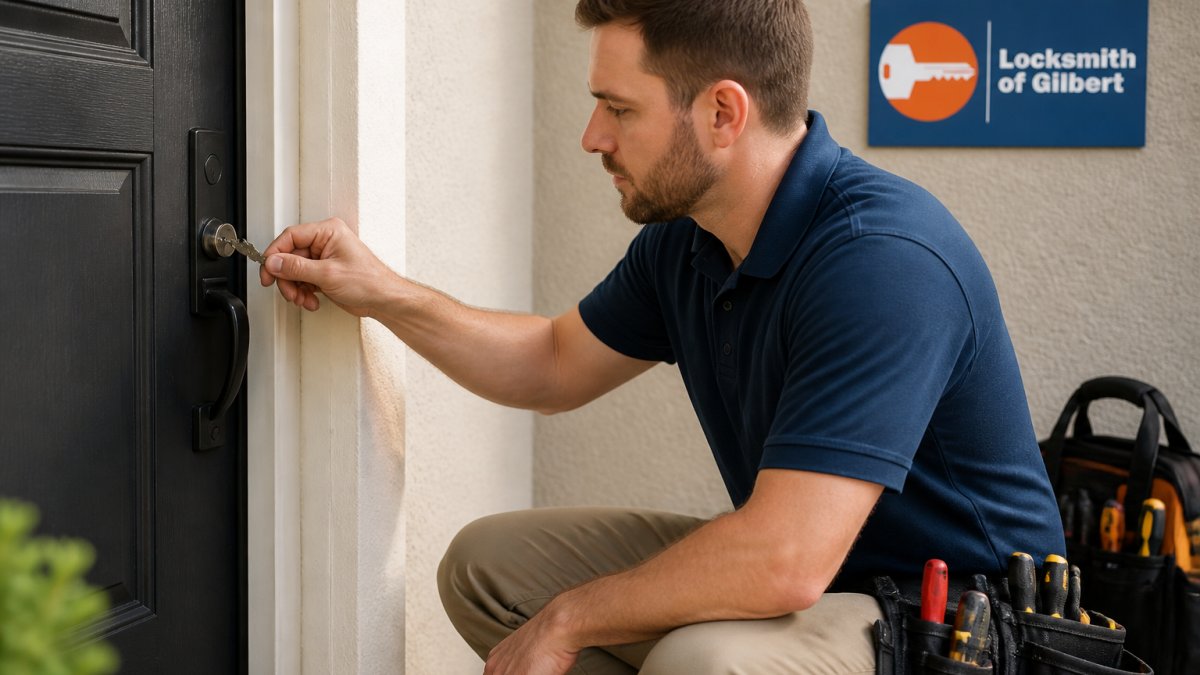 Professional locksmith's hand inserting a freshly cut key into a residential door lock, testing the fit and turn with careful precision in natural daylight