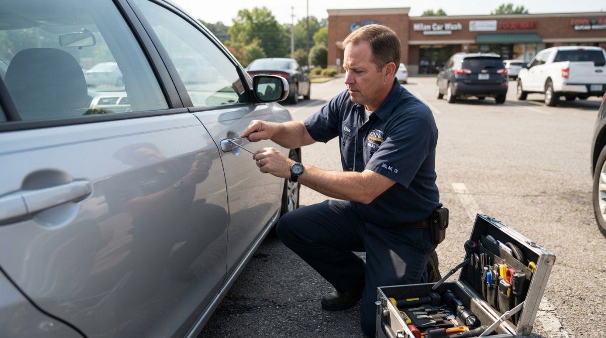 A mobile locksmith in a branded shirt using a slim jim tool to unlock a car door in a sunny parking lot, with a toolbox open on the pavement beside him