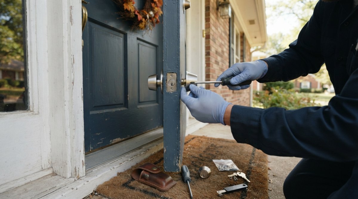 Close-up of a locksmith's gloved hands installing a new deadbolt on a painted residential front door, with a screwdriver and lock cylinder laid out on the doorstep in natural daylight