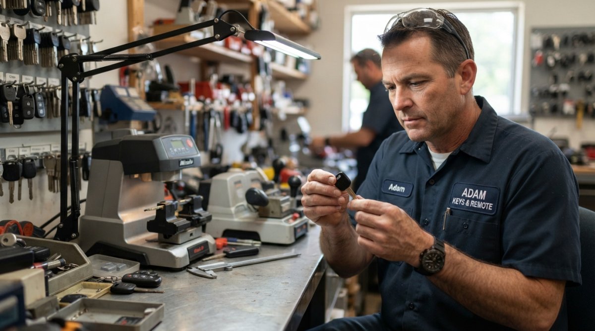 Professional locksmith in uniform examining a car key blank under bright workshop lighting, with precision cutting equipment visible in background