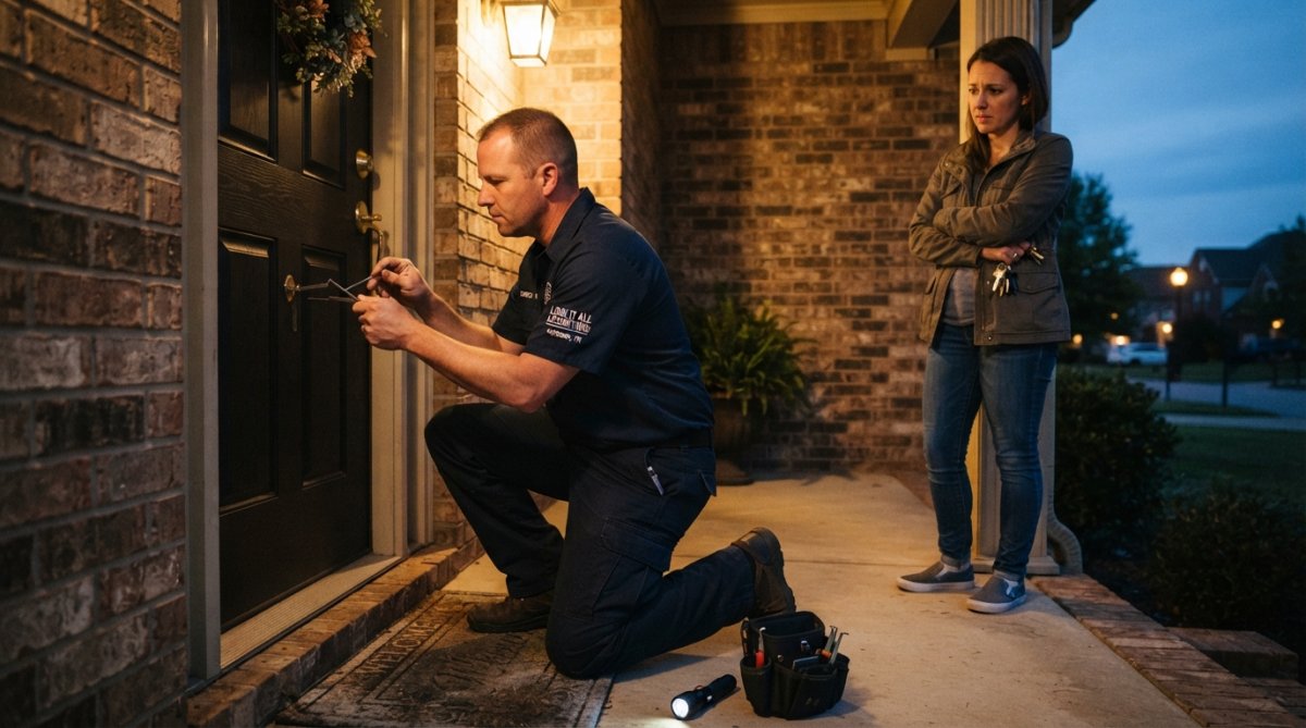 A locksmith technician in a work shirt kneeling at a residential front door at dusk, using lock picking tools on a deadbolt while a homeowner waits nearby on the porch under a porch light