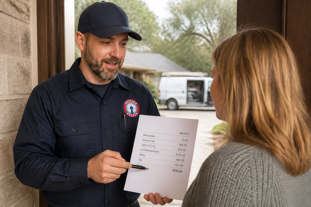 Locksmith showing a detailed invoice to a homeowner to demonstrate locksmith pricing transparency and fair billing.