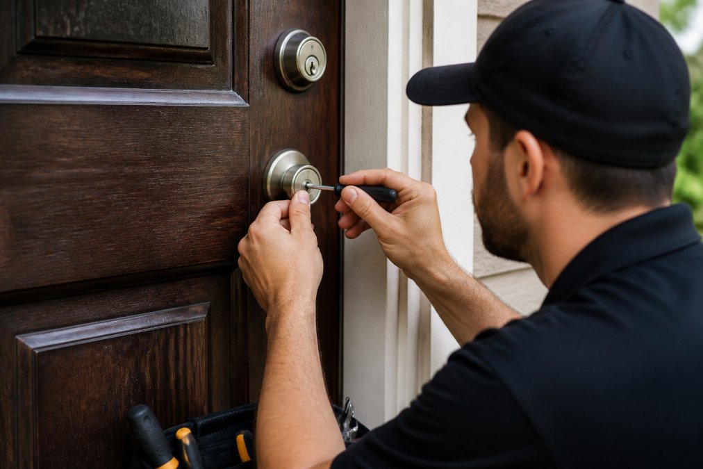 Professional locksmith technician working on a residential front door deadbolt with specialized tools, adjusting the cylinder mechanism in bright daylight