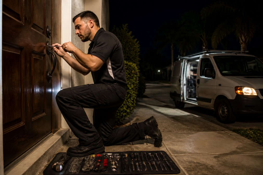 Locksmith services technician working on a residential door lock at night with tools laid out on a mat