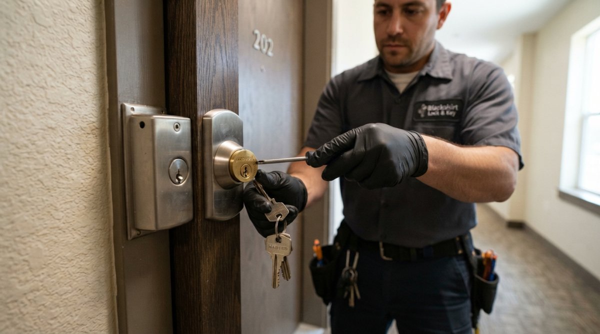 Close-up of a locksmith's gloved hands installing a high-security cylinder into a commercial-grade deadbolt mounted on an apartment door frame, with a master key visible in the technician's other hand