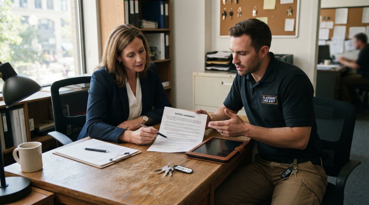 Property manager and locksmith professional in business attire reviewing a detailed service agreement document together at a wooden desk, with a tablet and clipboard visible, natural office lighting from nearby window