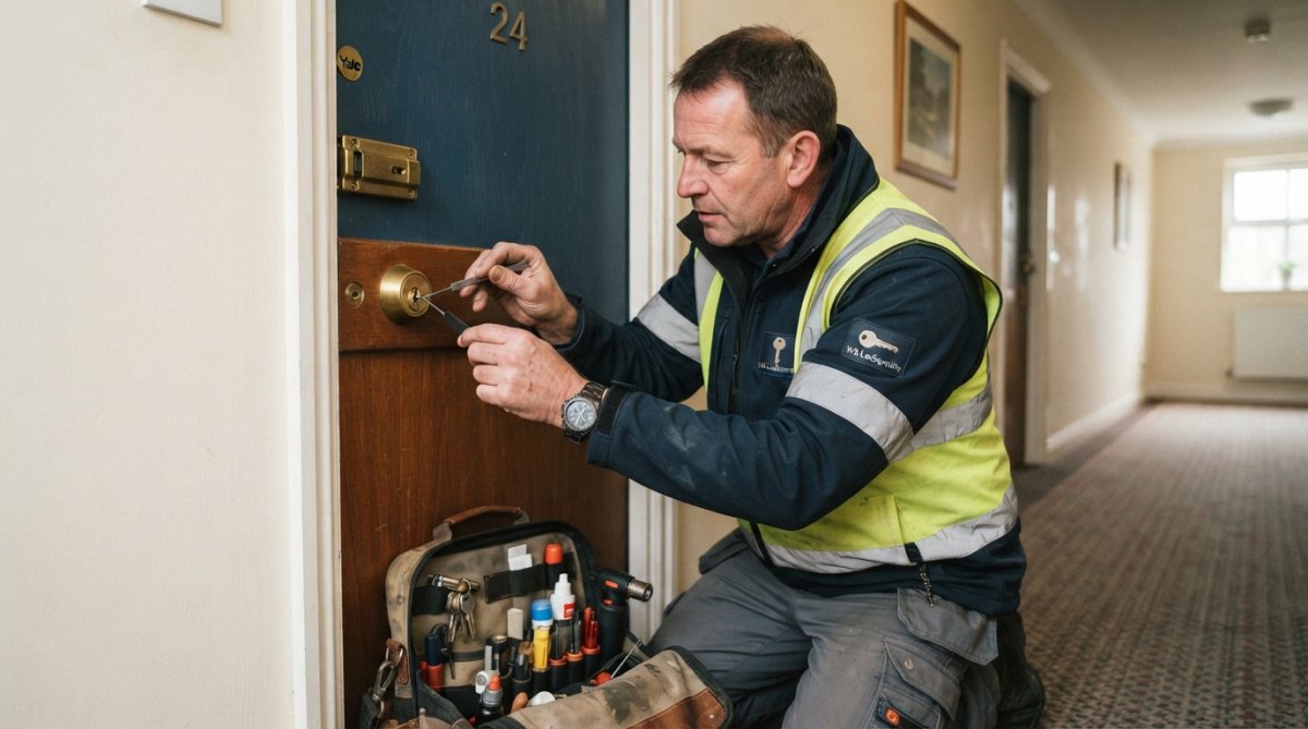 Professional locksmith in high-visibility clothing examining a residential door lock with tools and equipment visible, demonstrating trained expertise and attention to detail
