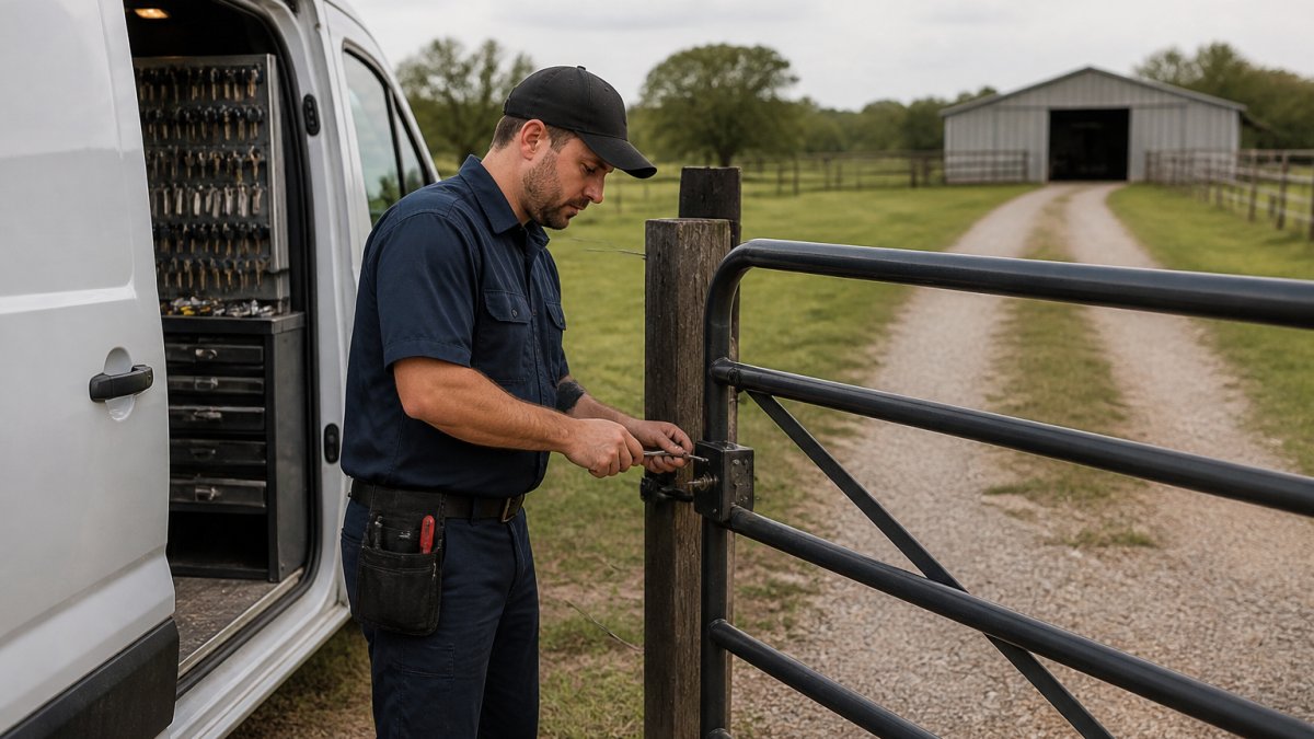 Professional locksmith technician with service van parked at rural property gate, tools visible and rural landscape in background