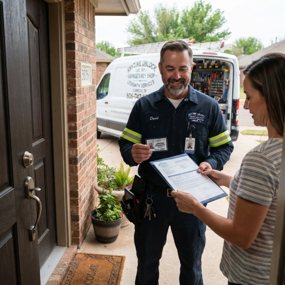 Professional locksmith in uniform holding credentials and insurance documentation while standing at residential front door with tools visible