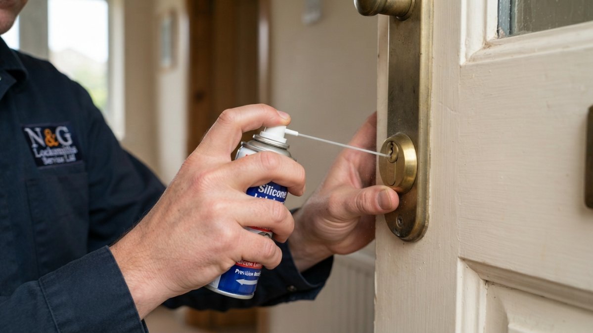 Professional locksmith's hands applying silicone lubricant spray to a residential door lock mechanism with precision, showing the applicator nozzle positioned at the keyhole in natural daylight