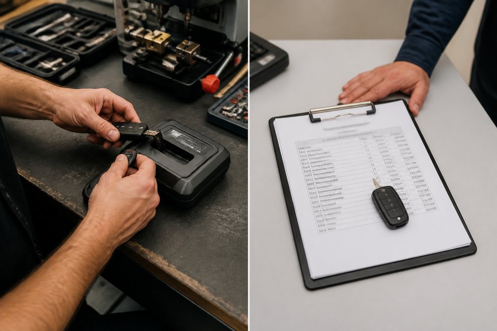 Close-up of a locksmith's hands programming a modern car key fob on a workbench, with key cutting equipment and a transponder programming device visible under bright workshop lighting