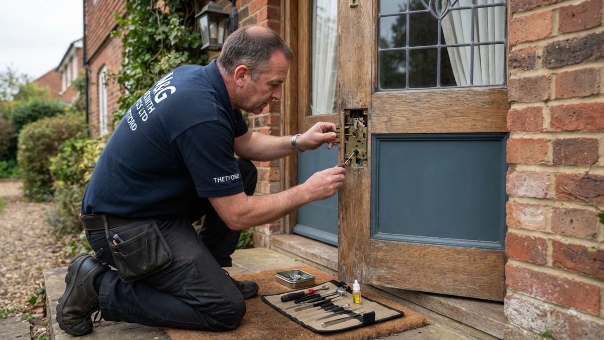Professional locksmith in Thetford examining and repairing a residential door lock mechanism on a wooden frame, using precision tools in natural daylight