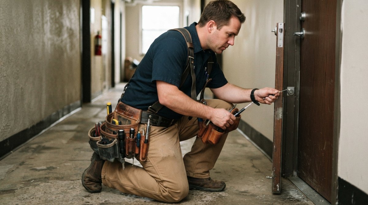 Locksmith kneeling at a door while adjusting his ergonomic leather locksmith tool belt with suspenders