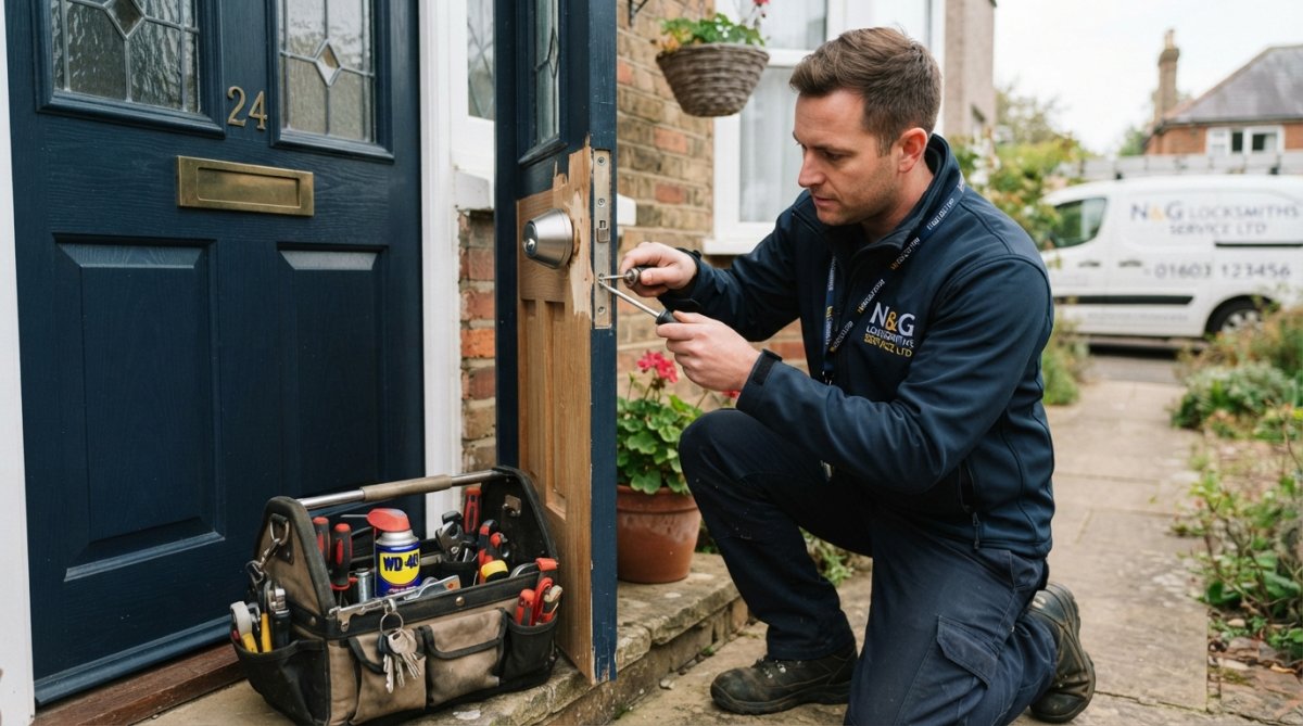 A professional locksmith in branded navy workwear installing a new deadbolt on a residential front door, holding a screwdriver, with an open toolbox on the doorstep in natural daylight