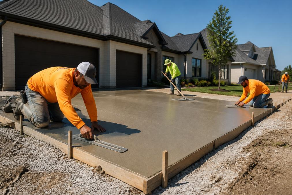 A concrete crew finishing a residential driveway in a suburban Tulsa neighborhood, with fresh concrete and finishing tools visible