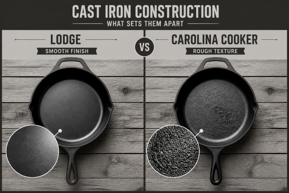 Two cast iron skillets positioned side-by-side on a weathered wooden surface, one showing smooth polished finish and one displaying rough textured surface, natural sunlight highlighting the surface differences