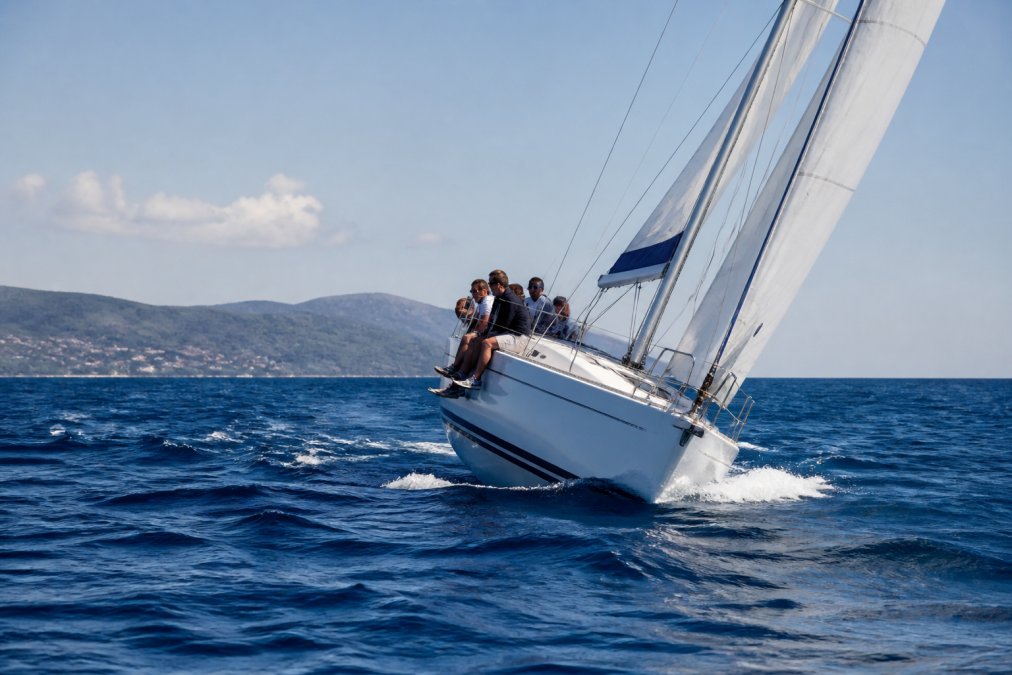 Sailboat heeling in strong wind with crew positioned on windward rail, sails fully extended and catching wind, showing the dynamic positioning and tension during sailing