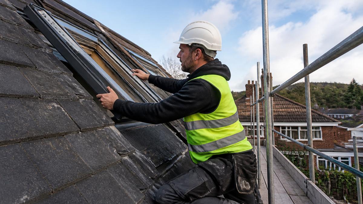 A roofer in safety gear installing a Velux roof window into a pitched roof on a residential street, with scaffolding visible and clear daylight