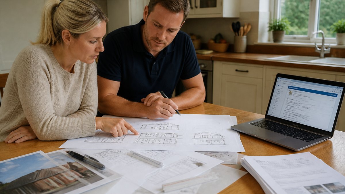 A homeowner and a builder reviewing architectural drawings and planning documents together at a kitchen table, with a laptop showing a council planning portal open nearby