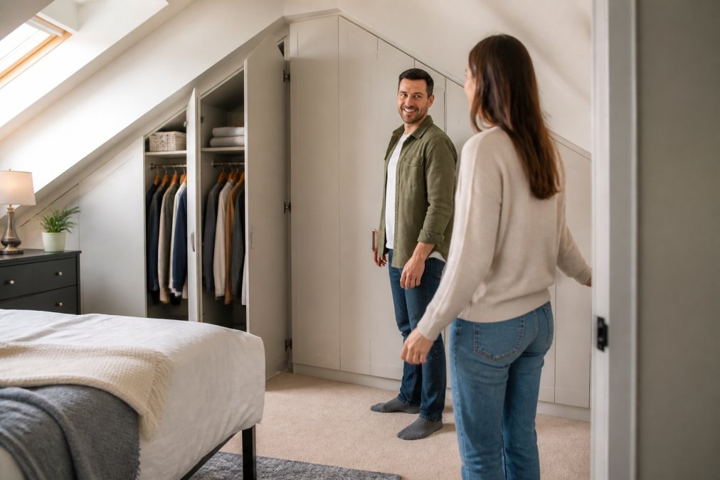 Diagram illustrating how fitted wardrobe doors follow sloped rooflines to maximize bedroom eaves storage space.
