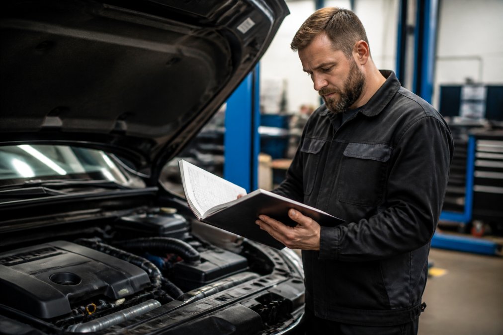 Professional mechanic in modern workshop holding a vehicle service logbook while examining it closely, with the car's bonnet open showing engine components, bright workshop lighting