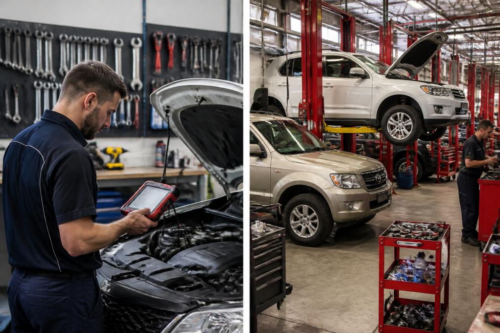 Skilled mechanic using modern diagnostic equipment on a vehicle in a clean, well-lit workshop with tools organised on the wall, demonstrating professional diagnostic capability