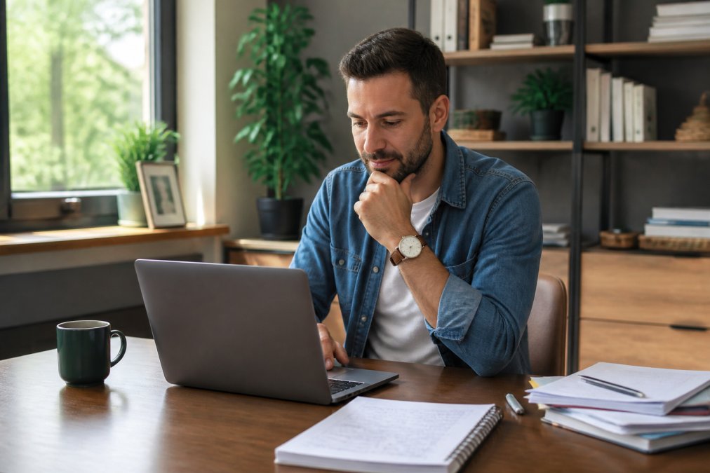 Coach indépendant assis à son bureau moderne, consultant son ordinateur portable avec une expression confiante, documents et notes de coaching visibles à proximité, lumière naturelle entrant par la fenêtre