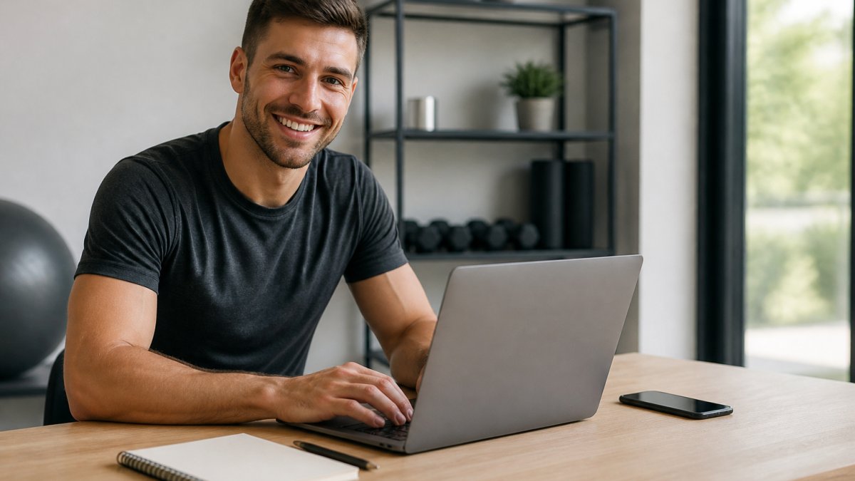Un coach sportif souriant utilise un logiciel suivi client sur son ordinateur dans un bureau lumineux.