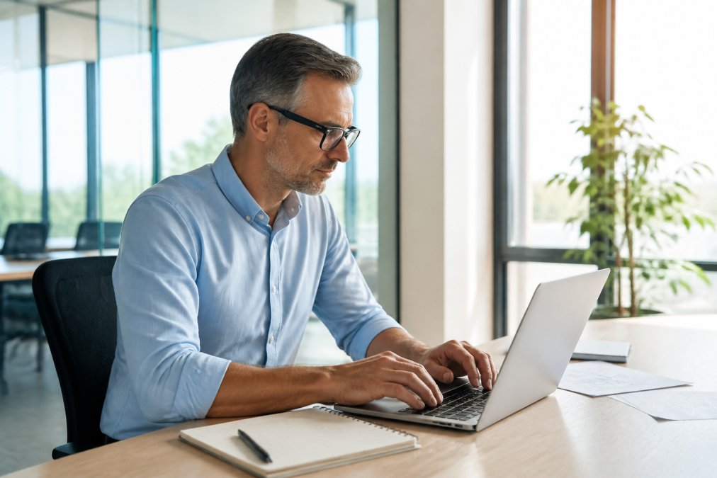 Formateur travaillant sur ordinateur portable avec tableaux de bord de progression d'apprenants visibles à l'écran, dans un bureau moderne lumineux avec fenêtres naturelles