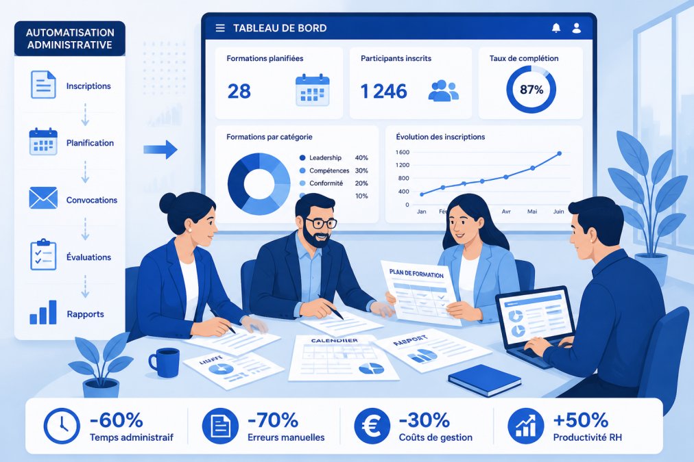 Équipe de responsables RH collaborant autour d'une table avec documents de gestion de formation et tableau de bord numérique en arrière-plan dans un bureau moderne