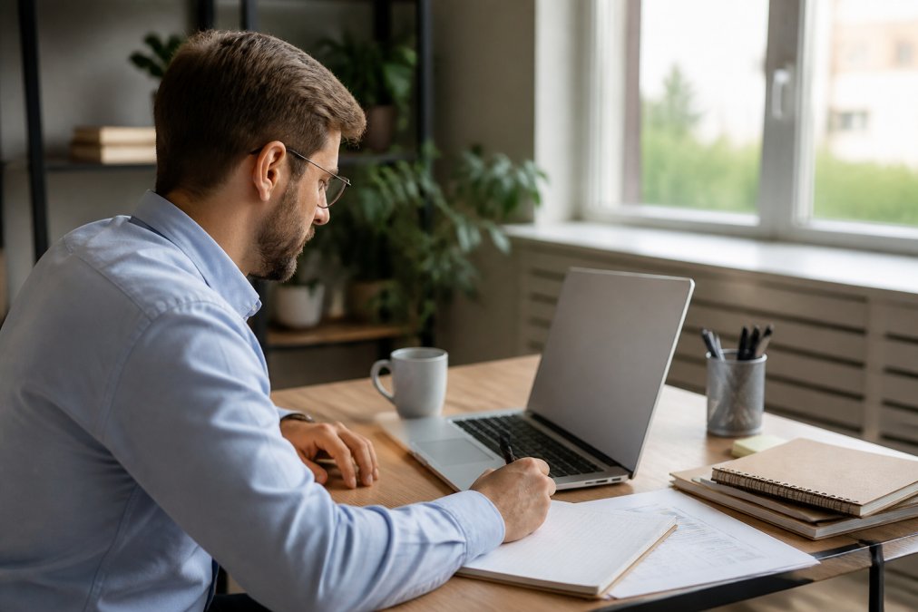 Formateur travaillant sur un ordinateur portable dans un bureau moderne, concentré sur la conception d'un scénario pédagogique avec des notes et un diagramme de parcours d'apprentissage visible à l'écran, lumière naturelle