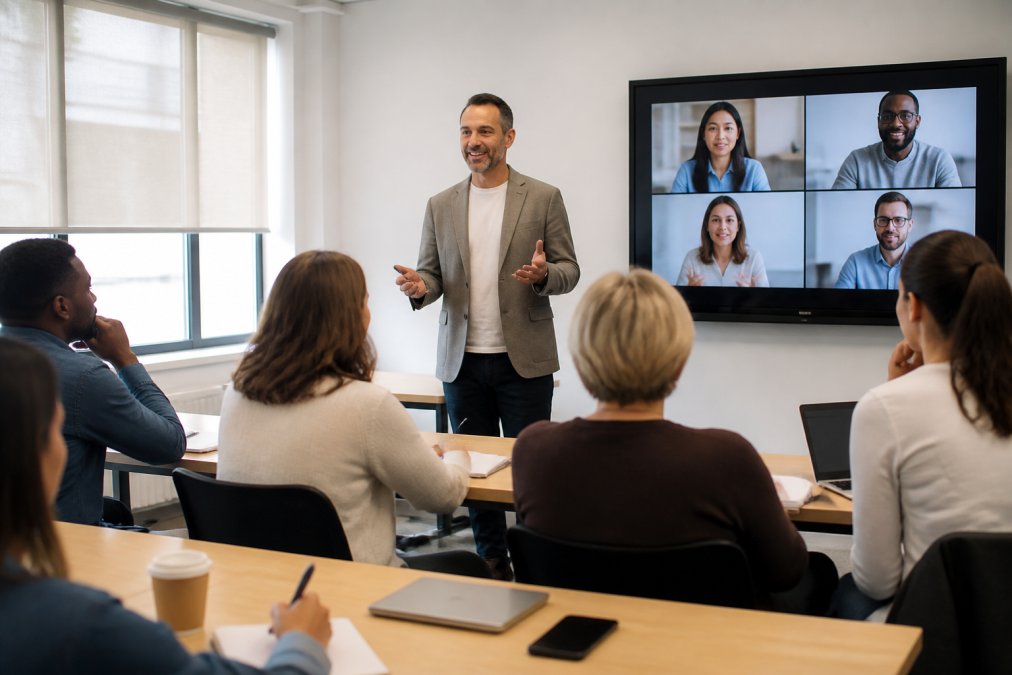 Groupe d'apprenants en classe avec des écrans numériques, certains participants à distance visibles sur un écran de vidéoconférence, formateur interagissant avec le groupe hybride