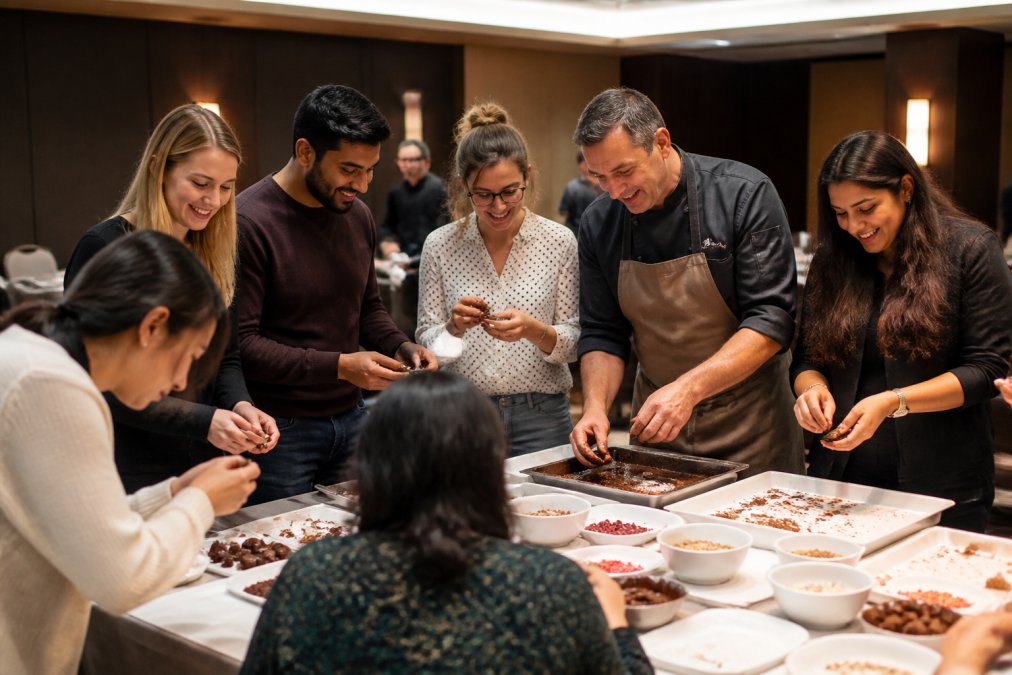 A diverse group of office colleagues in smart-casual attire gathered around a workshop table, laughing and decorating handmade chocolate truffles under the guidance of a chocolatier in an apron, warm overhead lighting in a conference-style venue
