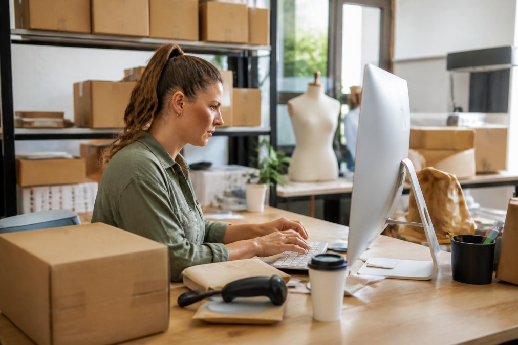 Small retail business owner at a computer reviewing shipping orders and inventory management dashboard, with cardboard boxes and shipping supplies visible in the background, natural office lighting