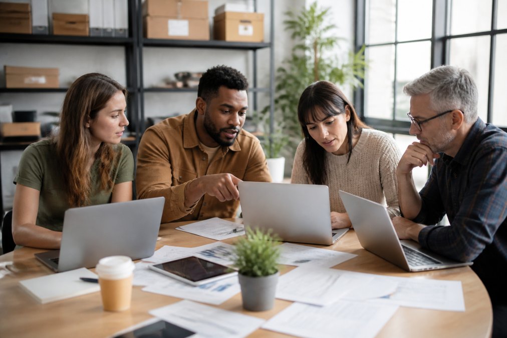 Small business team collaborating at a table reviewing logistics software options and comparing features on laptops and tablets, natural office lighting from windows