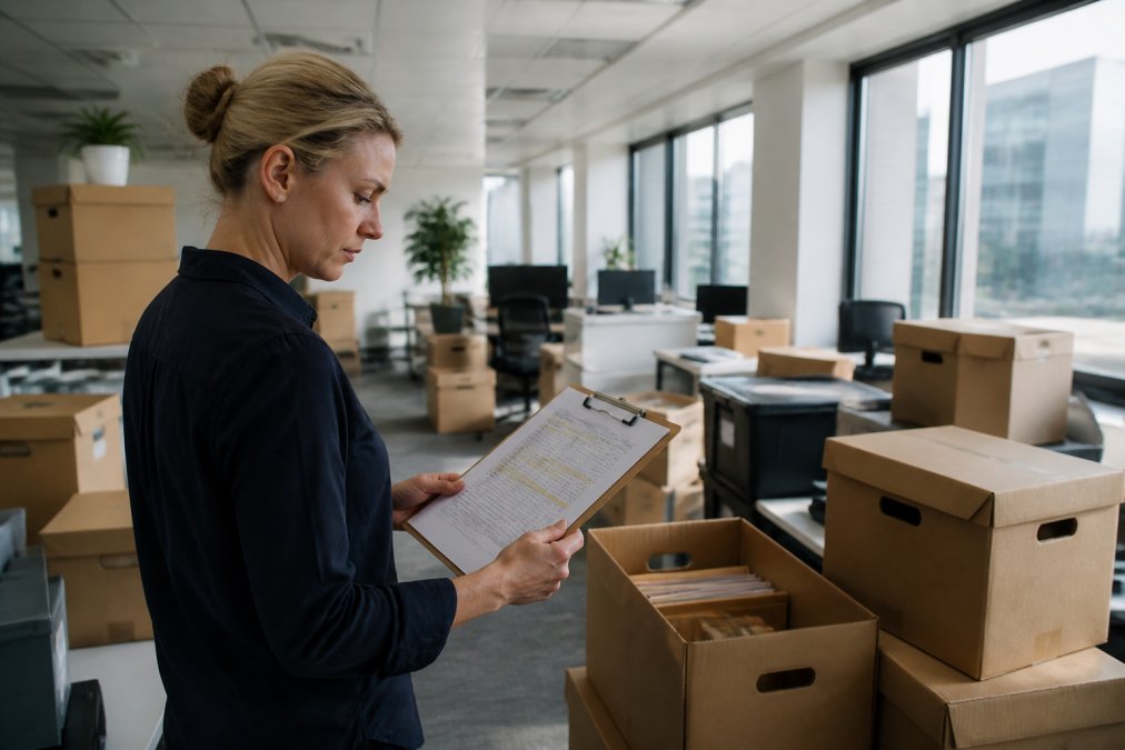 Office manager reviewing a printed relocation timeline on a clipboard while standing among stacked archive boxes in a half-packed open-plan office, morning light through large windows